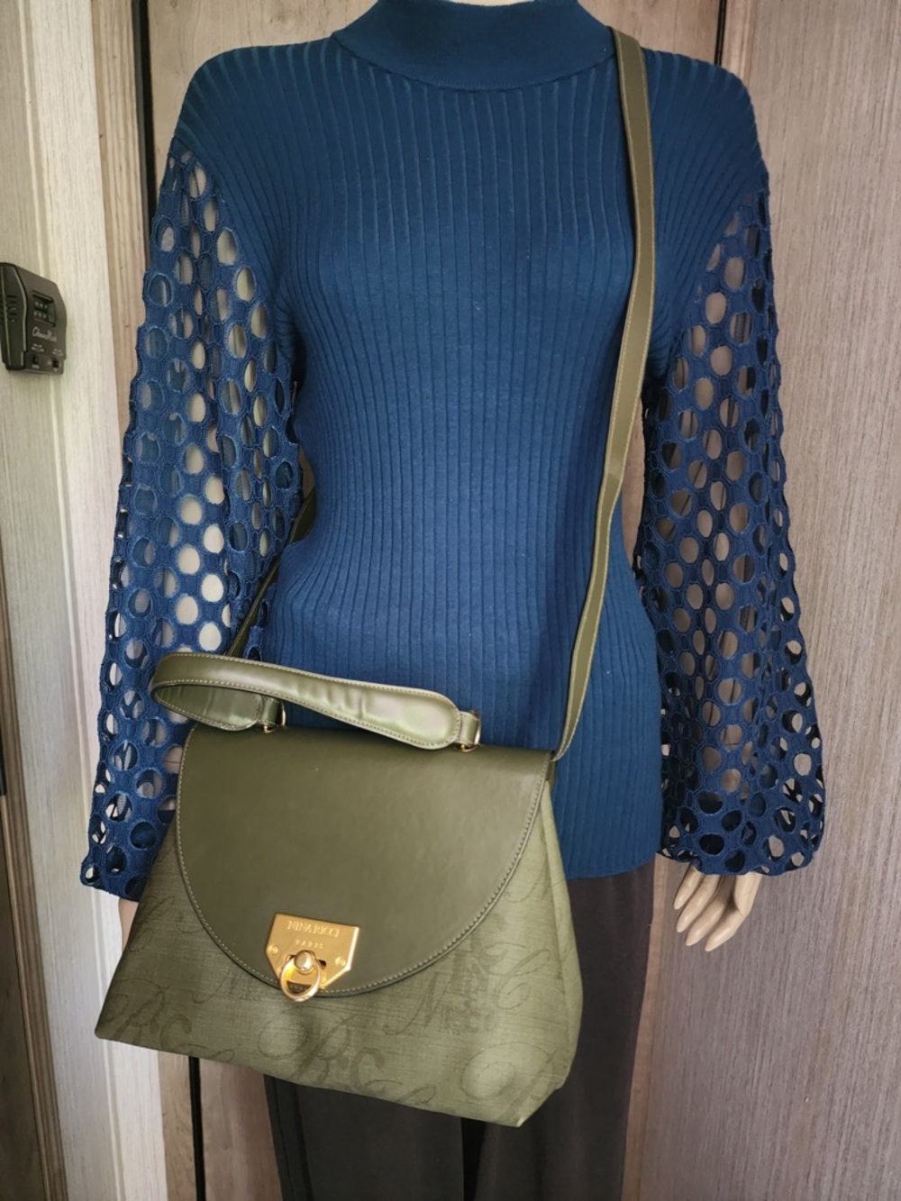 Nina Ricci Olive Green Leather & Monogram Canvas Shoulder Bag with Gold Hardware